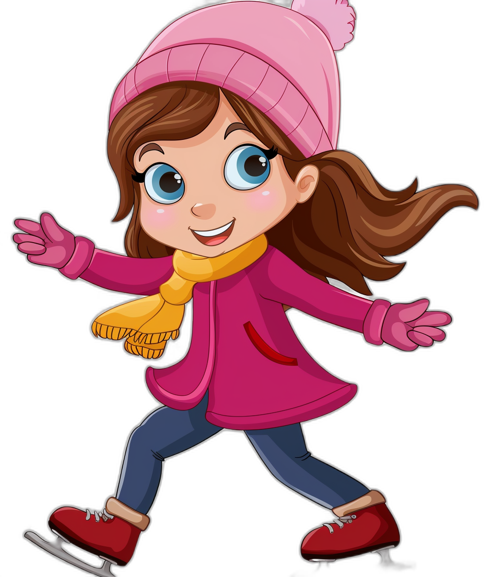 A cute cartoon girl is ice skating in a clip art style with a black background. She is wearing a pink coat and hat, blue jeans pants and red skates on her feet. Her long brown hair is worn with a yellow scarf around her neck. It is a full body shot of the girl.