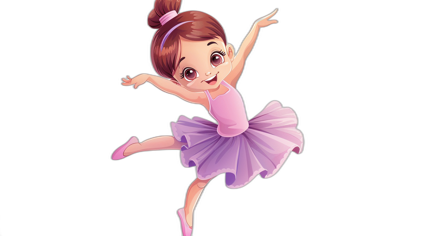 Cute little girl ballerina in a purple dress, in the style of a cartoon, vector illustration on a black background, simple design, high resolution, high quality, high detail, sharp focus, hyper realistic.