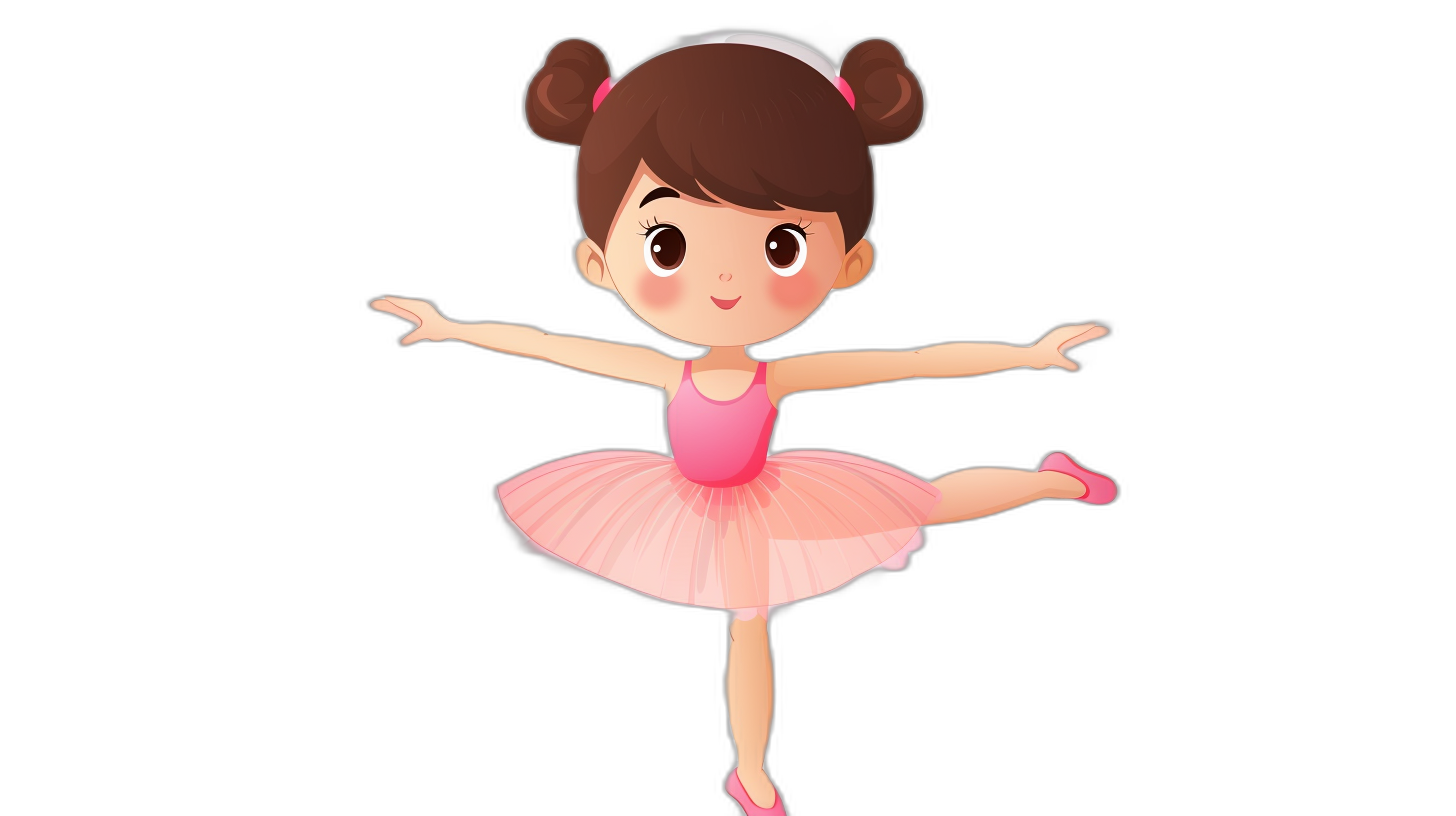 Cartoon of little girl in pink ballet outfit, dancing pose, black background, vector illustration style, simple lines, flat design, cute and adorable character, pink color theme, simple shapes, cute cartoon figure with two buns hairdo, cute face expression, ballet dancer posture.