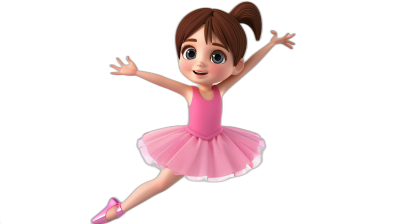 3D cartoon, happy little girl ballerina in a pink outfit with a brown hair ponytail, in the style of Pixar on a black background, adorable eyes + soft cinematic lighting, volumetric lighting + very detailed and intricate + high resolution