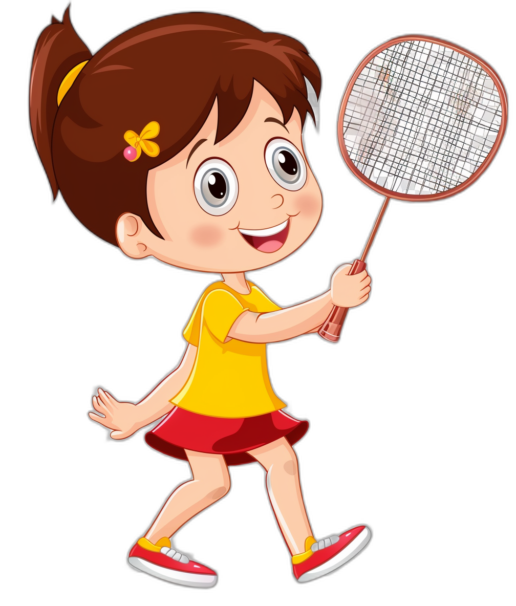 Cute little girl playing badminton in the style of cartoon vector illustration with black background. She is wearing a yellow t-shirt and red skirt, holding a racket in her hand while walking forward to play the game. The expression on her face was happy. Isolated object for design. Vector Illustration, no text. No shadow, vector art.