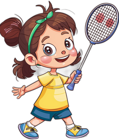 A cute little girl playing badminton in a cartoon style, with colorful  and hair accessories, holding the racket in her hand, smiling happily against a black background with bright colors in a high resolution image. This would be suitable for children's book illustration or game avatar design in the style of cartoon.