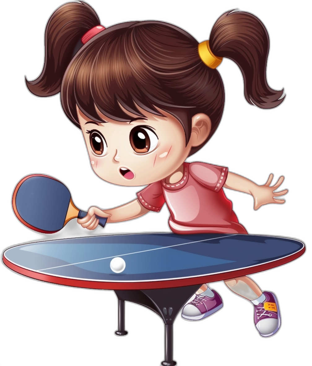 cartoon girl playing table tennis, in the style of clip art, vector illustration, black background, chibi proportions, high resolution, high quality