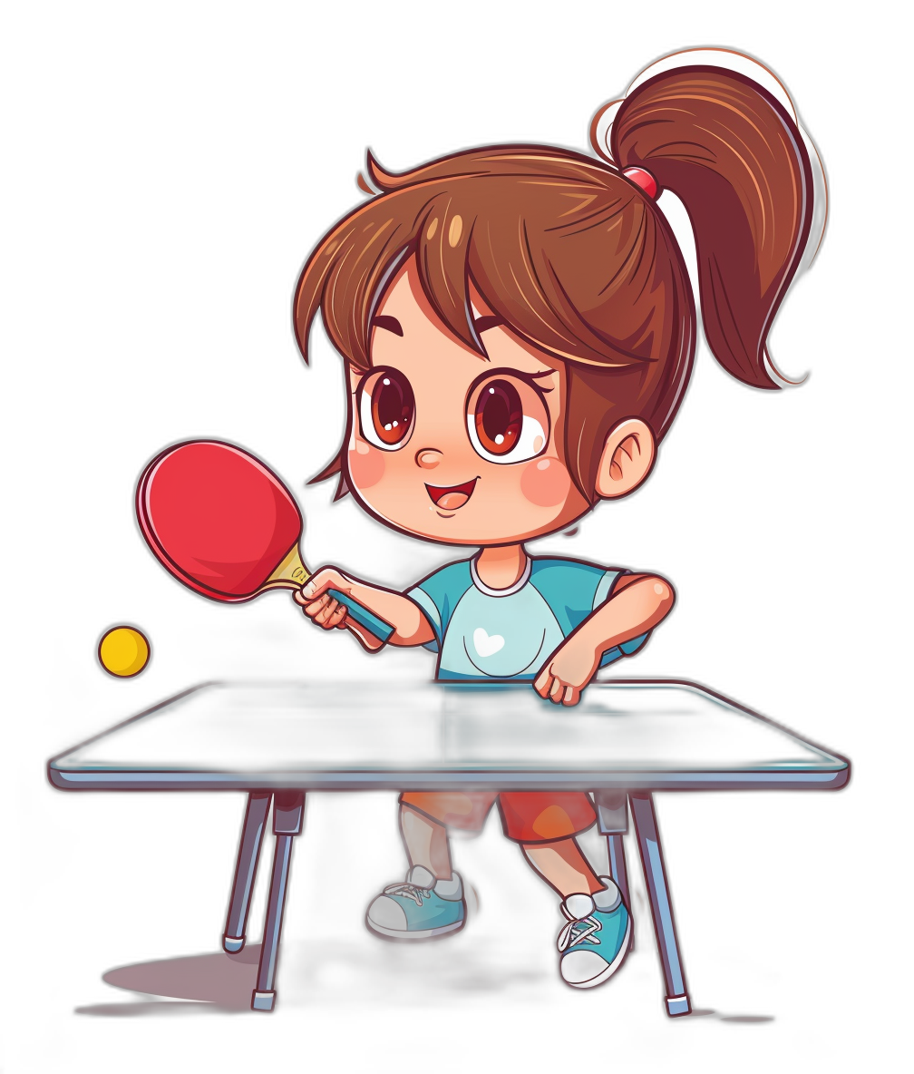 A cute cartoon girl playing table tennis in the style of clip art, in the style of vector illustration, simple design, bold color, black background, character design for game graphics, high resolution, high detail, digital painting, high contrast