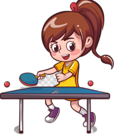 A cute girl playing table tennis in the style of a cartoon, vector illustration, colorful, solid black background, high resolution PNG transparent image.