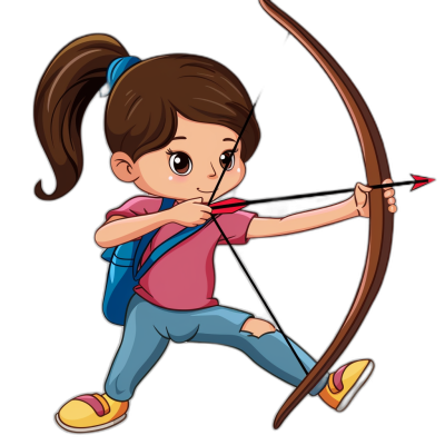 A cartoonstyle girl with brown hair in pigtails, wearing blue jeans and pink shirt is shooting an arrow from her bow isolated on black background