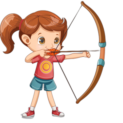 Cute cartoon girl shooting bow and arrow, clip art style, isolated on black background