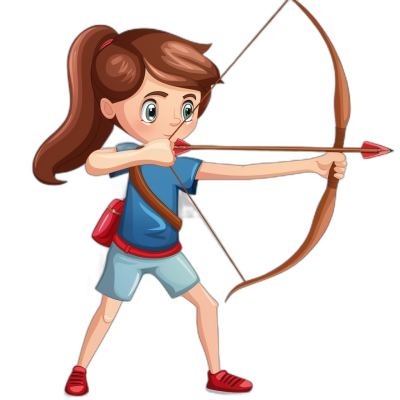 A cartoon girl with brown hair in a ponytail, wearing a blue shirt and white shorts and red shoes, holding a bow for archery and aiming at a target in the style of vector art, as a sticker on a black background with no outline.