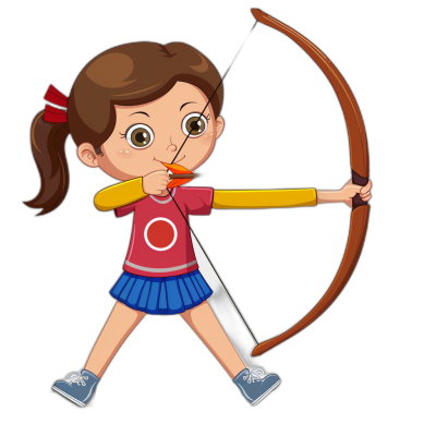 A cartoon girl shooting an arrow with a simple, flat style illustration on a black background. She is wearing a blue skirt and a red t-shirt with a white "O" on the chest. She has brown hair in a ponytail and a bow behind her head. The focus is on her face with a cute expression in a shooting pose, depicting an archery sport theme.