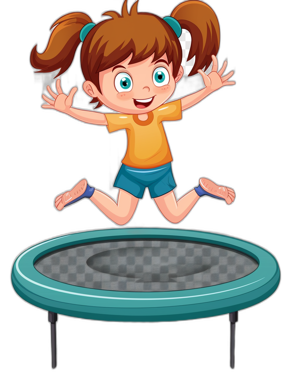 A cartoon girl jumping on a trampoline in a vector illustration with a black background.