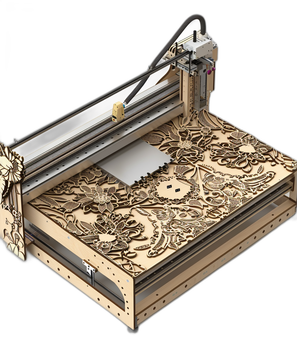 A detailed cnc machine with laser engraving of floral pattern on wood, black background, 3d rendering illustration, high resolution photography, insanely sharp focus and intricate details, isolated object, highly color contrast, professional photography, natural light, natural colors, highly realistic,