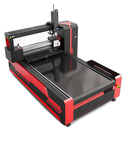 laser engraving machine, large table size, red and black color scheme, industrial design style, c4d rendering effect, high resolution details, black background, perspective view of the front angle, metal material with glass window on top for materials passing through, high precision, 3D rendering effect.