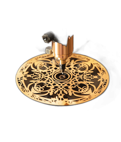 This laser cut and laser engraved machine is made of gold and black metal with an intricate floral design on a circular plate floating in the air against a solid black background. The image is high resolution, high definition with sharp focus and highly detailed, in the style of floral designs.