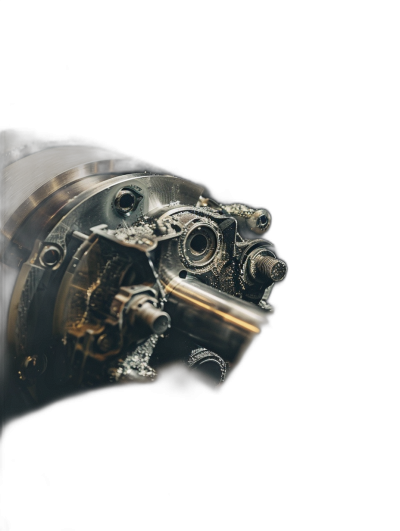 A close up of an engine on the side of a black background, the photo taken with Provia film, mechanical precision, a silver and bronze color scheme, a C4D rendering in the style of high resolution photography, hyper realistic.