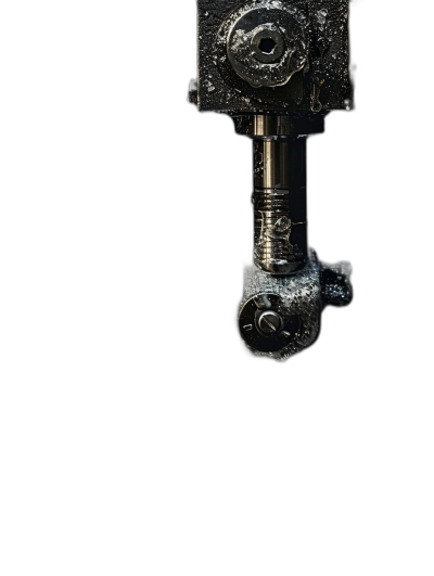 closeup of the mechanical arm on an old black machine, on solid dark background, hyper realistic photography