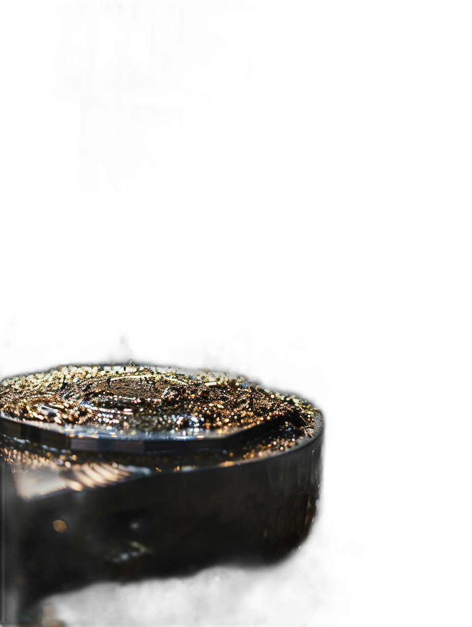 Close up of a small round glass ashtray with golden glitter on it against a black background with dramatic lighting in the style of high resolution photography.