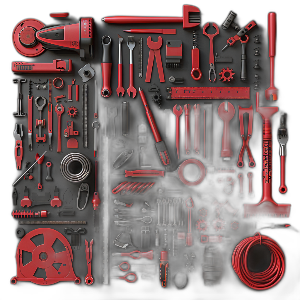 A grid of red tools and equipment arranged in an orderly fashion on a black background, including ripsaws, power wrenches and more, in the style of [Richard Avedon](https://goo.gl/search?artist%20Richard%20Avedon), with a symmetrical composition, hyper realistic photography, perfect lighting, and high resolution.