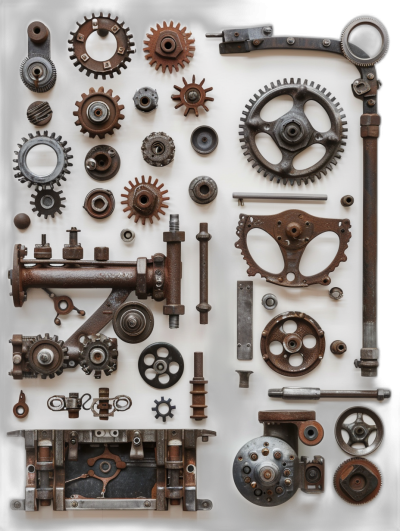 Steampunk-inspired gear and machinery collage in industrial textures, with metallic grays and sepia tones on a white background.