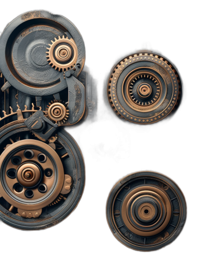 3d render of steampunk mechanical cogs and wheels, copper black background, hyper realistic