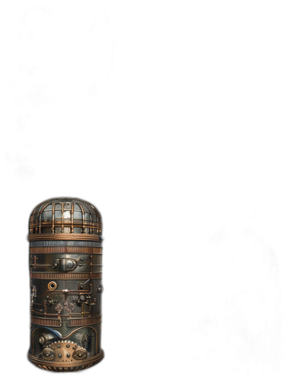 A single steampunk iron and copper cylinder with small metal details, on a black background, in the style of fantasy game style, fantasy game assets, game asset art