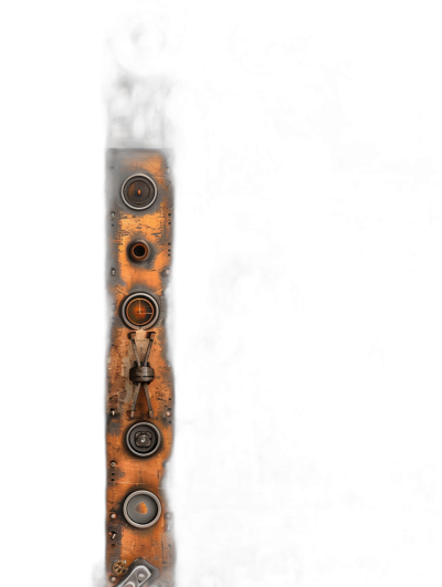 One long vertical rectangle made of rusted metal with several round circles and small robotic parts against a black background in the style of a dark art style inspired by fantasy.