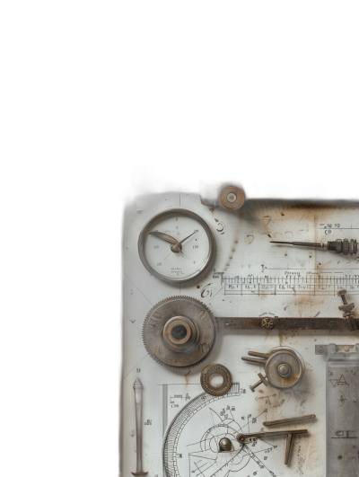 A photo of an old, dusty clock with gears and cogs on white paper, on black background, top view, centered in the frame, slightly angled right from center of composition, with some other objects around it such as metal tools, realistic, high resolution, dark atmosphere, close up, detailed