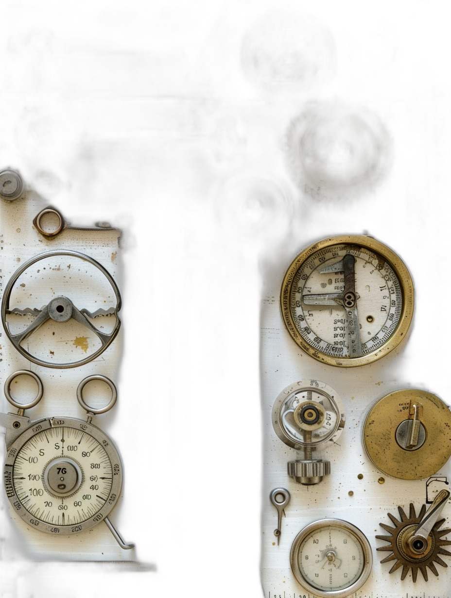 Vintage and retro style, vintage metal parts, industrial machinery aesthetics, steam punk details, blank space on the left side of screen, highly detailed mechanical elements such as gears, dials, levers, wires, and clock faces, all rendered in an aged white color with subtle hints of metallic gold, set against a black background. The focus is on capturing intricate textures and fine lines to give off a sense of ageold craftsmanship.