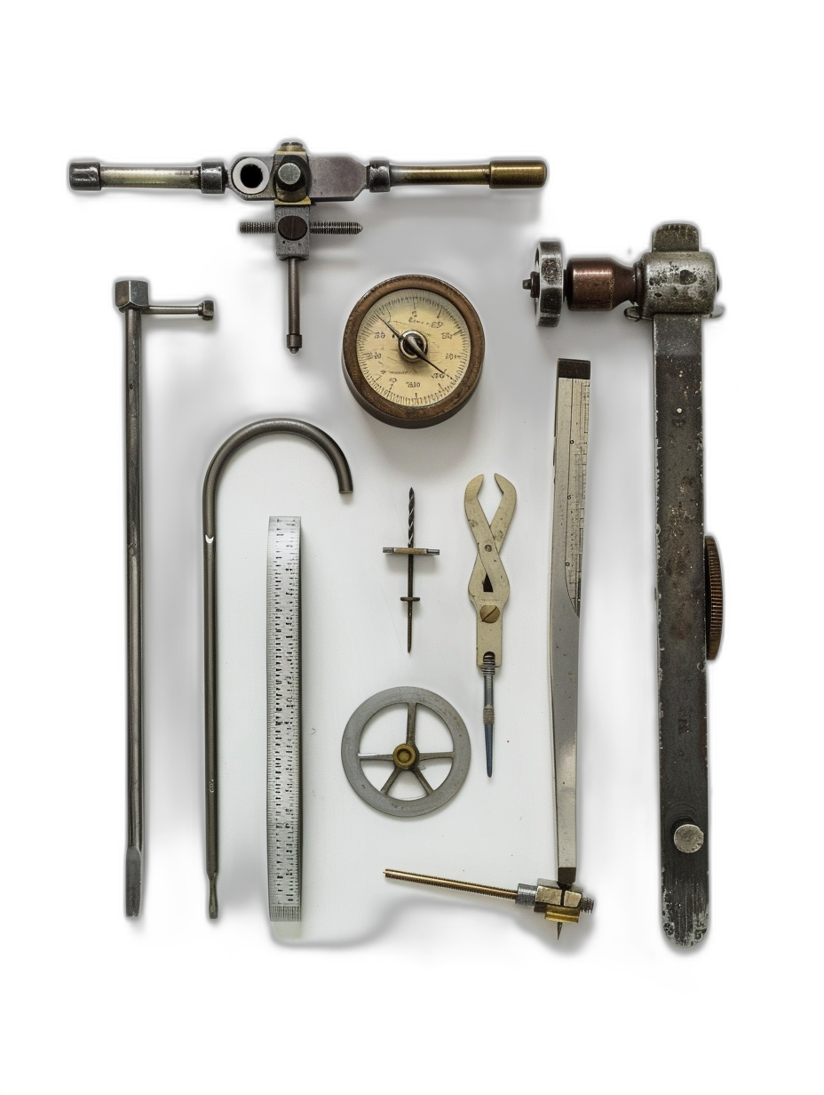 A set of tools used in the past to represent precision and instruments, including calipers, protractors, and compasses.