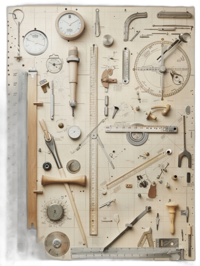 A vintage, detailed photograph of various tools and dimensions arranged on an aged whiteboard with faded pencil marks, showcasing the precision design in engineering and architecture. The composition is symmetrical for balanced visual appeal. Soft lighting creates gentle shadows to highlight each tool's details. Warm tones enhance nostalgia while highlighting intricate patterns and textures. High resolution provides crisp clarity and fine detail. This ultra realistic photo has cinematic lighting with high contrast between the warm beige background and cold steel blue objects, in the style of engineering technical drawings.