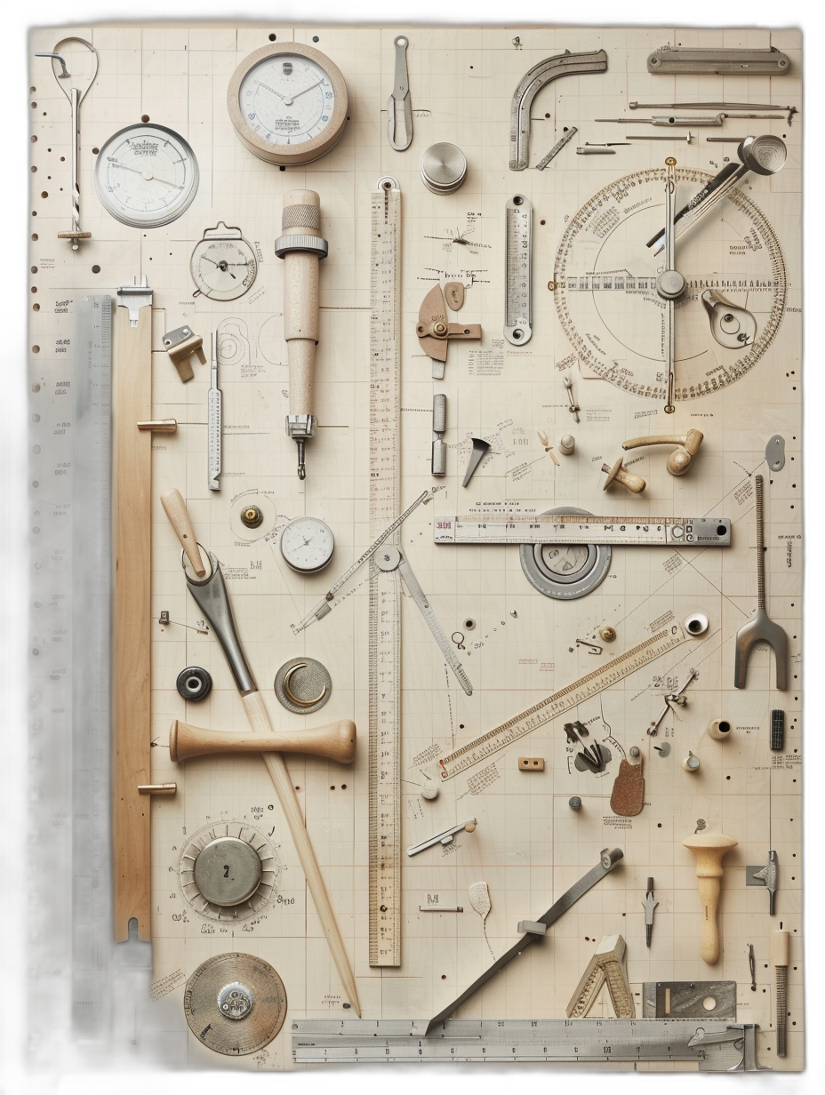 A vintage, detailed photograph of various tools and dimensions arranged on an aged whiteboard with faded pencil marks, showcasing the precision design in engineering and architecture. The composition is symmetrical for balanced visual appeal. Soft lighting creates gentle shadows to highlight each tool’s details. Warm tones enhance nostalgia while highlighting intricate patterns and textures. High resolution provides crisp clarity and fine detail. This ultra realistic photo has cinematic lighting with high contrast between the warm beige background and cold steel blue objects, in the style of engineering technical drawings.