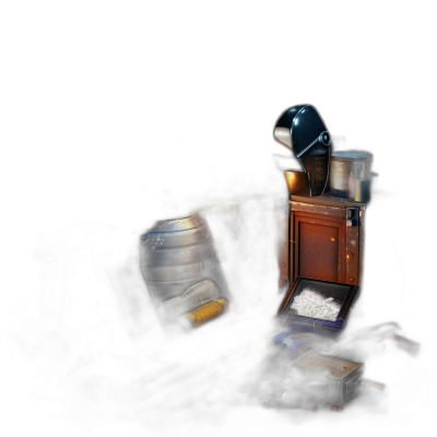 A black background with a small old film projector shining light on an open wooden box containing spools of thread and barrels, low angle view, hyper realistic game item in the style of World War Z, digital art, concept art, 2D render, game asset sheet.