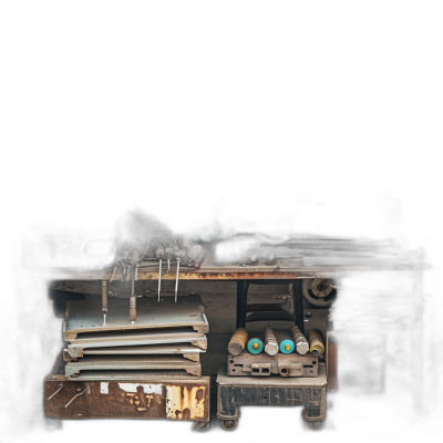 a dark photo of an old workbench with several rolls of fabric and various tools on it, the lighting is lowkey with very little light source coming from above, the entire scene has been painted in black color, there's no visible face or human figure, only objects and textures, highly detailed