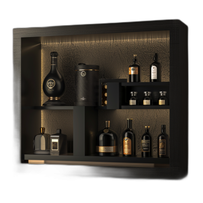 A black wall shelf with an illuminated interior, containing bottles of perfume and other luxury products, rendered in high resolution. The design includes gold accents on the shelves, adding to its luxurious feel. This is presented as a product rendering with high detail and lighting effects. It's set against a dark background that enhances the contrast between light and shadow, making it stand out vividly.