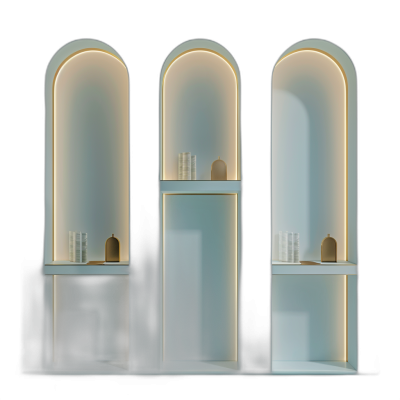 3 arches, three white display cabinets with a glass bottom and golden light inside each cabinet, each one holding an object in beige color against a black background in the style of hyper realistic, minimalistic art.