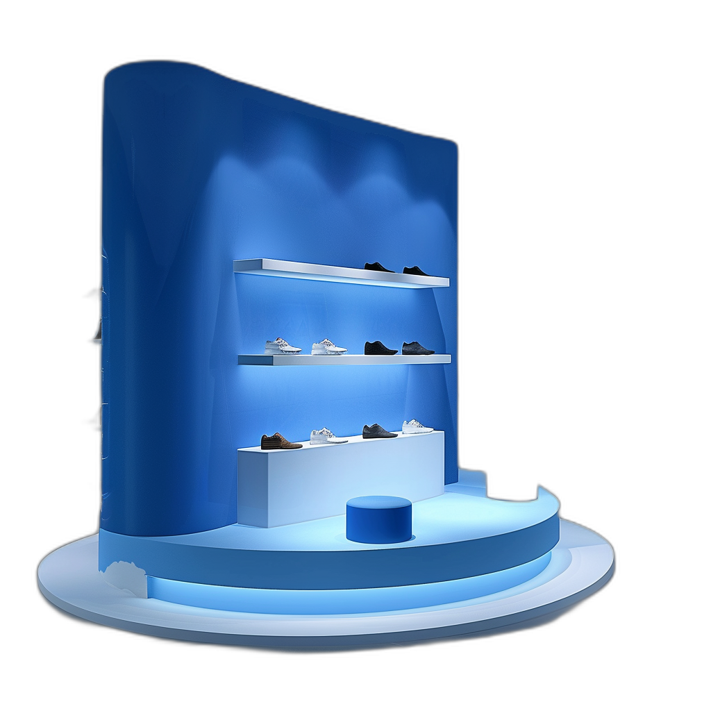 3D booth design, blue and white color scheme, three walls with shelves for shoes on the wall, round platform at bottom of display stand, lighting is soft blue light, black background, product photography, perspective view