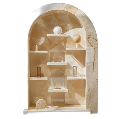 A shelf with a glass display case made of beige marble, with small terracotta and crystal objects on the shelves, inside an arched window in the wall, minimalistic photography in the style of hyper realistic.