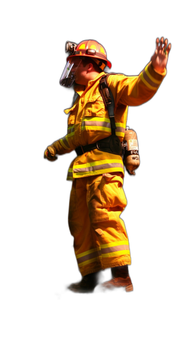 full body photograph of one fireman waving his hand, isolated on a black background, photorealistic, taken in the style of Canon EOS, hyper realistic, natural lighting, volumetric daylighting