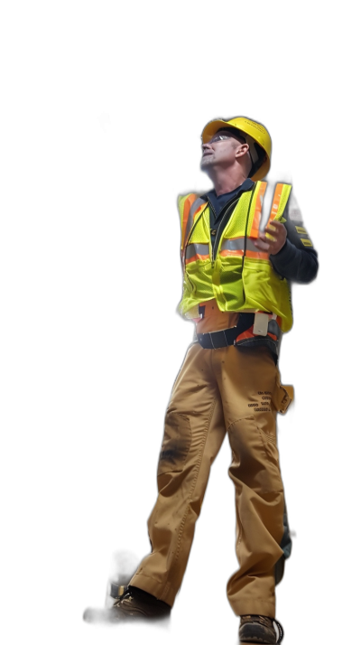 full body shot of a construction worker wearing high vis working in the air with a black background, holding a phone and taking a photo, looking up at the camera, in the style of photorealistic, hyper realistic, portrait, high resolution, very detailed