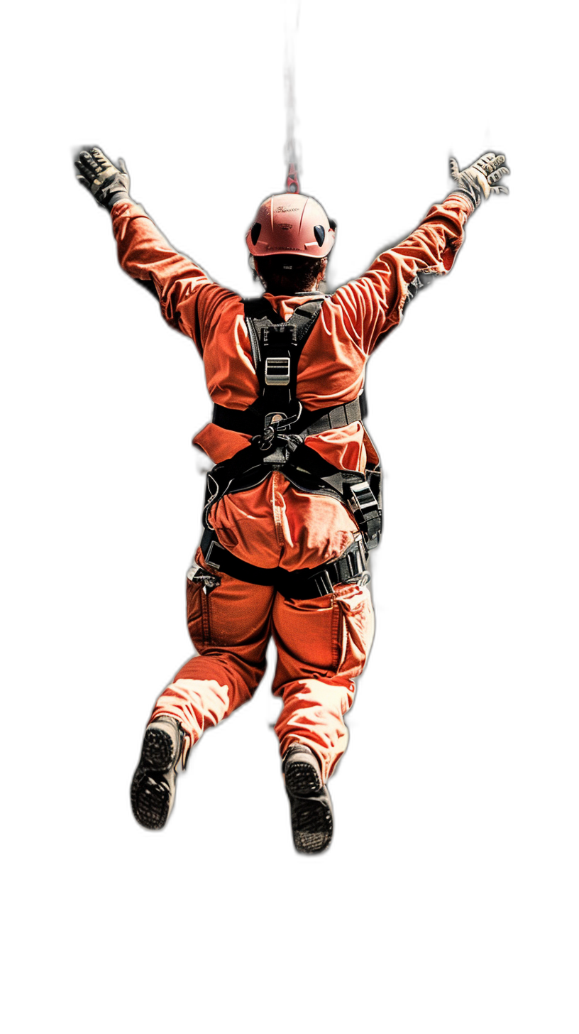 A photograph of an orange rescue worker falling from the sky against a black background in a full body shot.