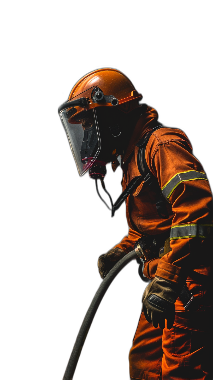 Firefighter holding hose, orange suit and helmet, side view, black background, full body shot, in the style of photography, high resolution, hyperrealistic details, contrast between light and dark, high angle perspective, professional lighting effect, high detail.