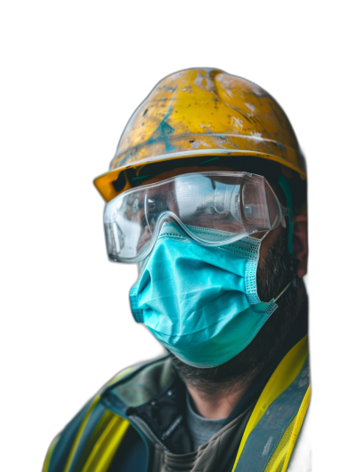 photo of construction worker wearing a protective mask and glasses against a solid black background, in the style of portrait photography with highly detailed sharp focus and high resolution