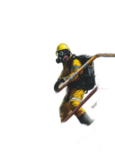 Firefighter wearing a yellow suit and black helmet holding a long stick, jumping on a snowboard against a dark background, in the style of hyperrealism, high resolution, full hd, in the photography style.