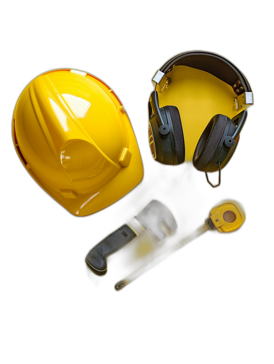 Top view of yellow construction helmet, tape measure and ear muffs on black background, photorealistic, hyperrealism, high resolution photography, insanely detailed, fine details, isolated plain, stock photo.