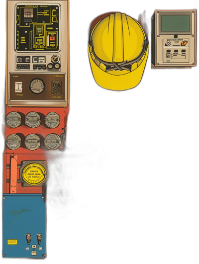 a vector graphic of an electrician's helmet and the inside view of electrical panels, on black background, in style by [Peter Bagge](https://goo.gl/search?artist%20Peter%20Bagge). The panel has several buttons, meters, small screens and other components. In front there is a yellow hard hat placed next to it. On one side of each element we see some control lights that flash. At lower left corner, at bottom right corner and top center there were several metal signs with numbers. Black background. Flat colors.