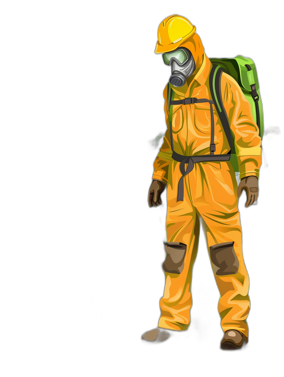 A male character wearing a full body hazmat suit, in the vector art style, isolated on a black background, with high contrast, wearing a yellow helmet and green backpack, in a dynamic pose, at high resolution.