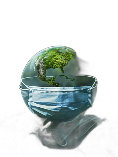 The world wearing a medical mask, a green earth inside the face mask, against a black background, in the style of realistic photography, with high resolution.