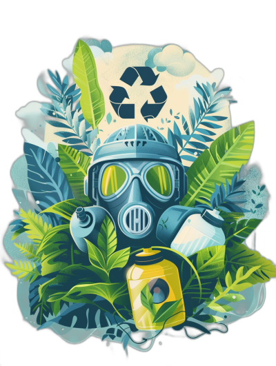 T-shirt design printing, a gas mask in the jungle with blue and green leaves and plastic garbage around, isolated on a black background, in the style of W Larson, flat illustration style, vector graphic, flat color.