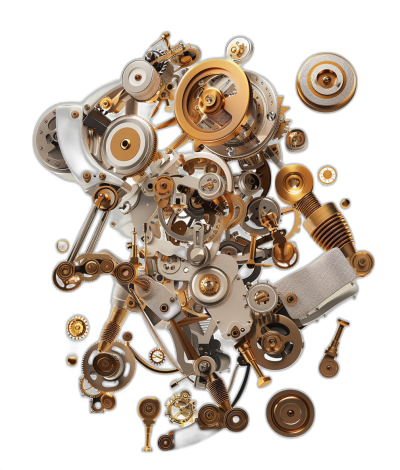 A realistic photograph of an abstract mechanical design made from different parts, with various metal and gold elements, floating in the air on a black background, highly detailed, high resolution, in the style of different artists.