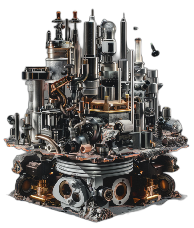 A highly detailed, threedimensional collage of various car parts and engine components forming an elaborate mechanical structure, set against the stark black background, capturing intricate details in high resolution, with metallic textures that highlight each part's texture and reflective surfaces, creating depth within the composition.