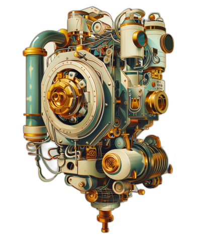 A steampunk machine in the style of gold and teal colors on a black background, a hyper realistic oil painting from the front view.